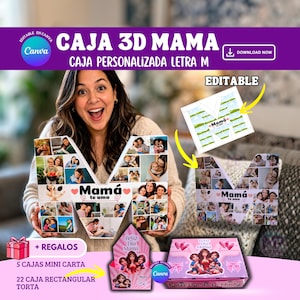 Puede incluir: Una caja 3D con forma de letra "MAMA" llena de fotos, sostenida por una persona. La caja tiene las palabras "Mamá te amo" y está acompañada de cajas de regalo y tarjetas. La imagen también incluye el texto "EDITABLE" y "DOWNLOAD NOW".
