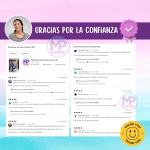 May include: Image of customer reviews for an Etsy shop. The reviews are in Spanish and include star ratings and comments. The shop's logo and a "Thank You" graphic are also visible.