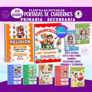 Puede incluir: Una colección de portadas de cuadernos coloridas con ilustraciones y texto. Los títulos incluyen "Religión", "Comunicación", "Ciencia y Tecnología", y más. Las portadas están diseñadas para estudiantes de primaria y secundaria.