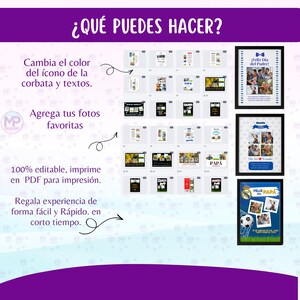 May include: A purple graphic with the text "&iquest;QU&Eacute; PUEDES HACER?" and several design templates. The templates include photo frames with the text "PAPA" and "Feliz Dia del Padre!" The text also says "100% editable, imprime en PDF para impresi&oacute;n."