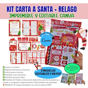 Puede incluir: Un kit imprimible con temática navideña con el texto "KIT CARTA A SANTA + RELAGO IMPRIMIBLE Y EDITABLE CANVA". El kit incluye una carta a Papá Noel, páginas para colorear, un diploma de buena conducta y otros artículos festivos.