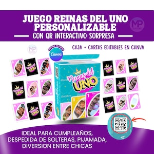 Può includere: Un set di carte Uno personalizzato, turchese e bianco, con il testo "Reinas del UNO" e "Personalizable". Il set include una scatola, carte e un codice QR. Le carte presentano foto e il testo "UNO".
