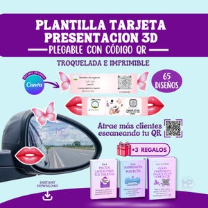Puede incluir: Plantilla de tarjeta de presentación digital con diseño 3D, función plegable y código QR. El diseño incluye mariposas rosas, labios rojos y el texto "Atrae más clientes escaneando tu QR". Incluye 65 diseños y +3 regalos.