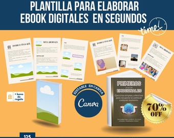 May include: An image showcasing a digital ebook template with the text "PLANTILLA PARA ELABORAR EBOOK DIGITALES EN SEGUNDOS". The image includes a book cover, sample pages, and a "70% OFF" sticker. The book is editable in Canva.
