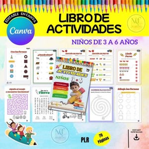 May include: A colorful children's activity book titled "LIBRO DE ACTIVIDADES" for ages 3-6, with 70 pages. The cover features a cartoon boy with a pencil. Includes various educational worksheets and the Canva logo.