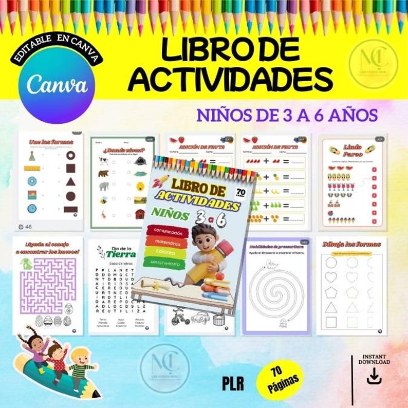 May include: A colorful children's activity book titled "LIBRO DE ACTIVIDADES" for ages 3-6, with 70 pages. The cover features a cartoon boy with a pencil. Includes various educational worksheets and the Canva logo.