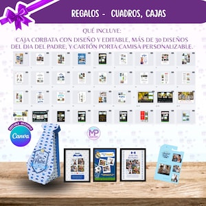May include: Promotional image for Father's Day gifts, including a tie-shaped box, framed photos, and a card. The image displays various design templates for cards and gifts, all customizable. The text includes 'REGALOS - CUADROS, CAJAS'.