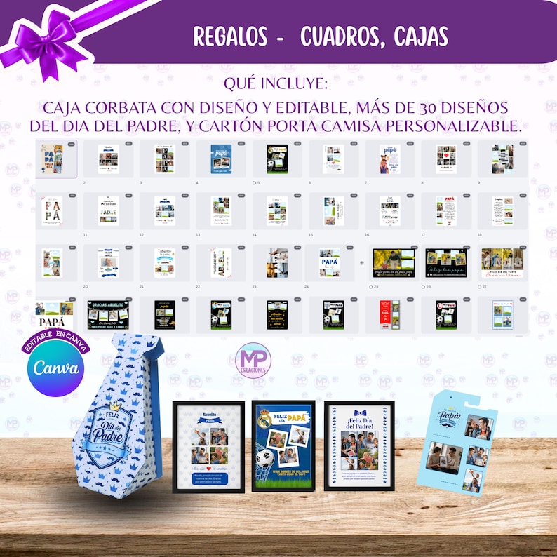 May include: Promotional image for Father's Day gifts, including a tie-shaped box, framed photos, and a card. The image displays various design templates for cards and gifts, all customizable. The text includes 'REGALOS - CUADROS, CAJAS'.