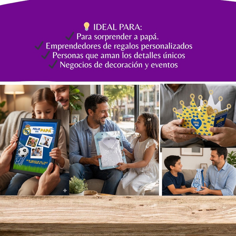 May include: A collection of images presenting Father's Day gift ideas. The images feature a framed photo, a shirt, a crown-shaped gift box, and a wrapped present. Text in Spanish reads "FELIZ PAPA DIA" and "IDEAL PARA: Para sorprender a pap&aacute;."
