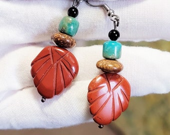Real Stone Earings Hand Carved Coral Jasper Turquoise Obsidian Ear Wire Stacked
