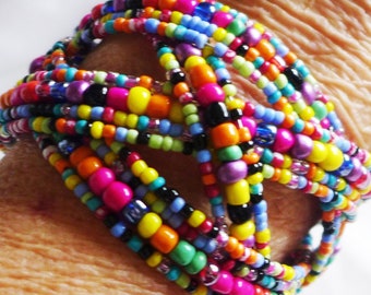 Glass Bead Bracelet Cuff Bangle Woven Multicolor Boho Design Adjustable Boho