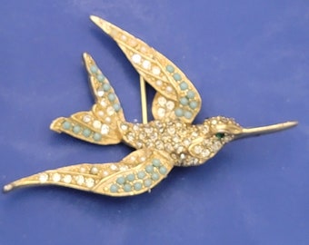 Vintage Rhinestone Brooch Flying Bird Turquoise Gold ART 1950's Mid Century Beauty