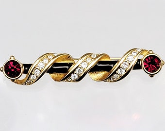 Swarovski Bar Pin Brooch Gold Ruby Red Black Crystal Rhinestones Stunning Retired