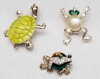 Frogs and Turtle Brooches Pins Choice Jelly Belly Frog Enamel Turtle Rhinestone Frog Pin Back