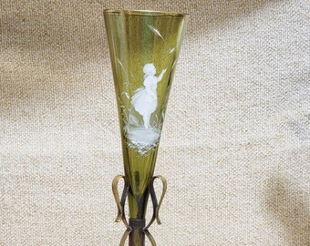 1880's Bohemian Art Glass Vase Green Glass White Art Mary Gregory Child Butterfly Brass Stand Arts & Crafts Minimalist Decor Home Decor