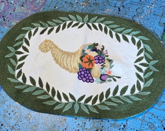 Vintage Handmade Cornucopia Rug – Fall Harvest Decor – Hand Hooked Textile – Thanksgiving Rustic Accent Rug
