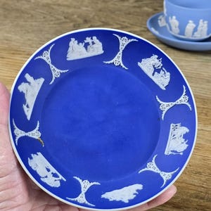 May include: A blue plate with white relief designs and a white rim. The plate features classical figures and decorative accents. A matching teacup and saucer are visible in the background. The plate is held in a hand.