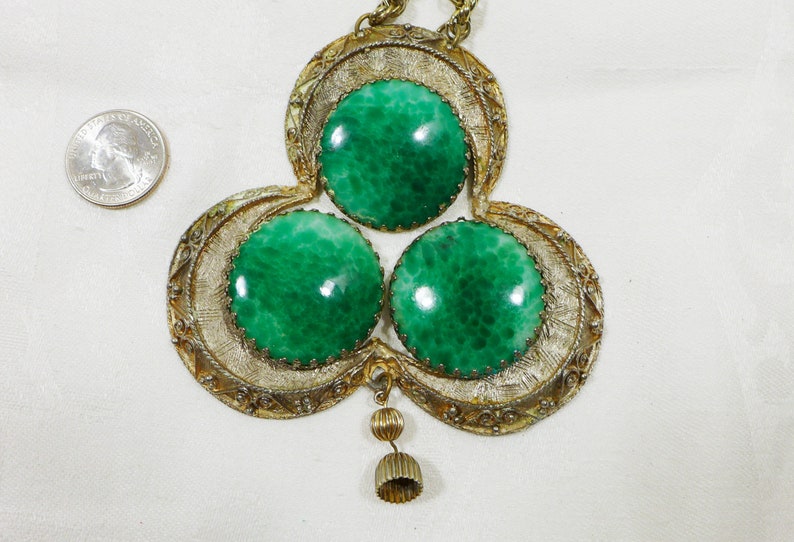 Huge Pendant Necklace Green Art Glass Gold Dangle Rope Chain