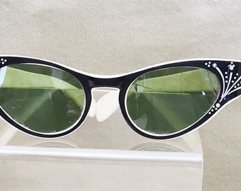 Fabulous Vintage Cat Eye Sunglasses Black White AB Rhinestones FG 1950's