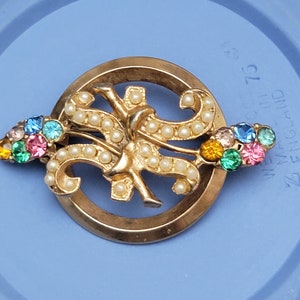 Midcentury Gold Brooch: Rhinestone & Faux Pearl Floral Pin