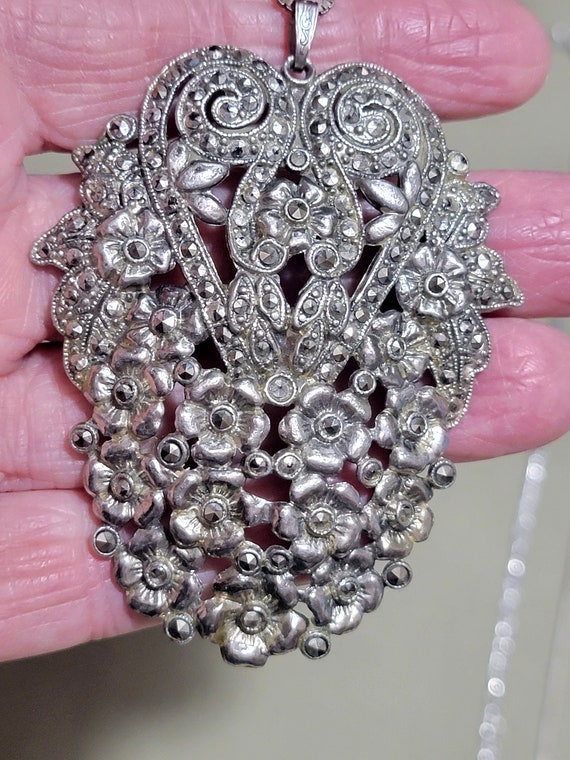 Magnificent, Huge Silver Marcasite Pendant Neckla… - image 2