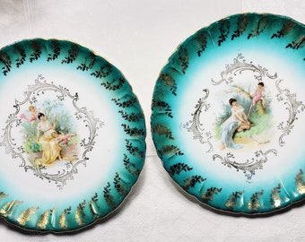 Victorian Plates Mother Child Cherub Transferware Gold Gilt Design Trim Set of 2 Display Plates