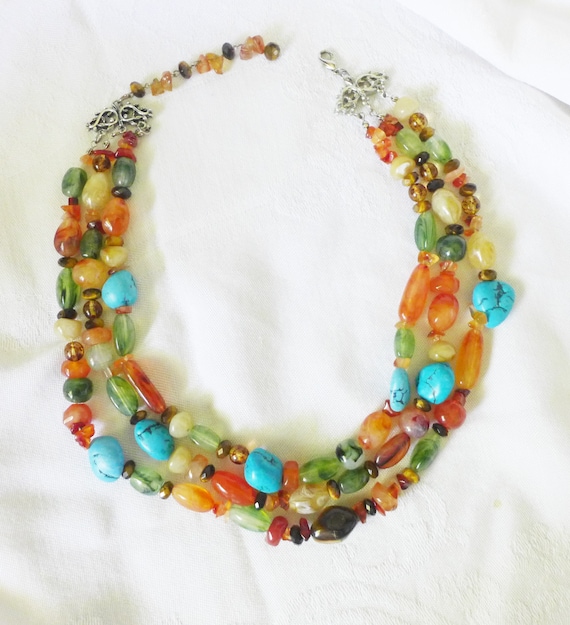 Art Glass Bead Necklace 3 Strands Turquoise Agate 