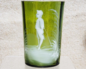 1880's Bohemian Art Glass Tumbler Green Glass White Arts & Crafts Decor Mary Gregory Child Minimalist Decor Home Decor