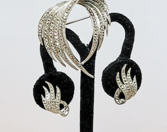 Sterling Silver Brooch & Earrings Set Marcasite EB Germany Mid Century Hollywood Regency