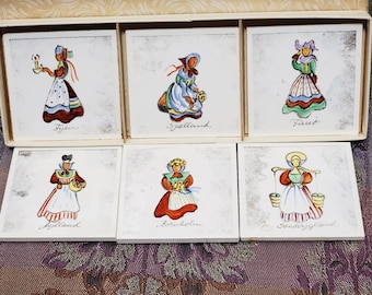 Rustic Decor Ceramic Tile Coaster Set Trivets Hand Painted Denmark Traditional Dress