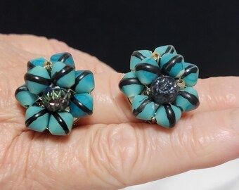 Button Earrings Teal Black Silver Amethyst Carnival Glass Beads Hong Kong Mid Century Hand Painted