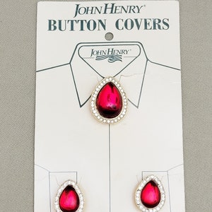 Button Cover Set Ruby Red Rhinestones Gold Metal Never Worn New on Diaplay Card John Henry