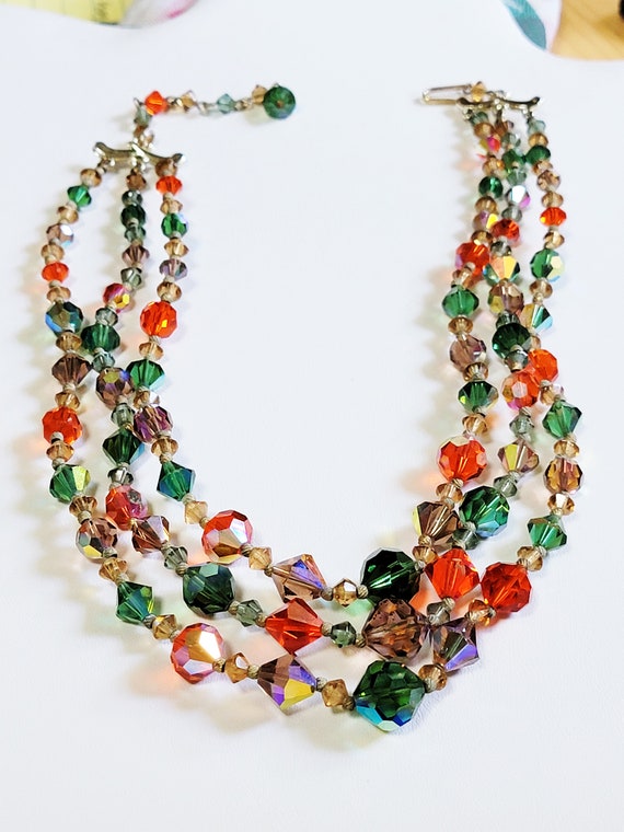 Multicolor Crystal Necklace 3 Strands AB Green Or… - image 2