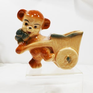 Adorable Planter Anthropomorphic Teddy Bear  Cart Happy Bow Pottery