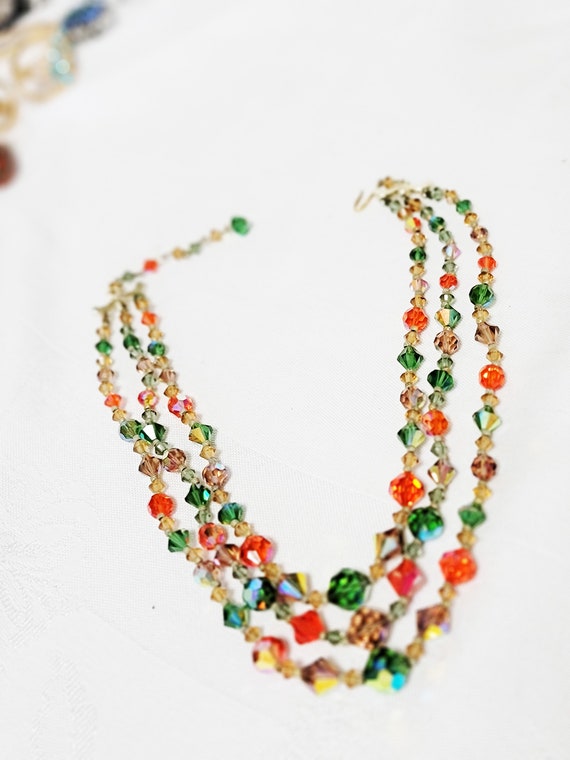 Multicolor Crystal Necklace 3 Strands AB Green Or… - image 8