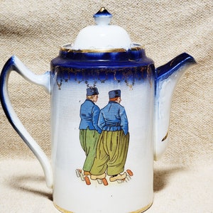 Huge Chocolate or Coffee Pot Server Durch Figures Farmhouse Decor Sterling China Early 1900's image 2