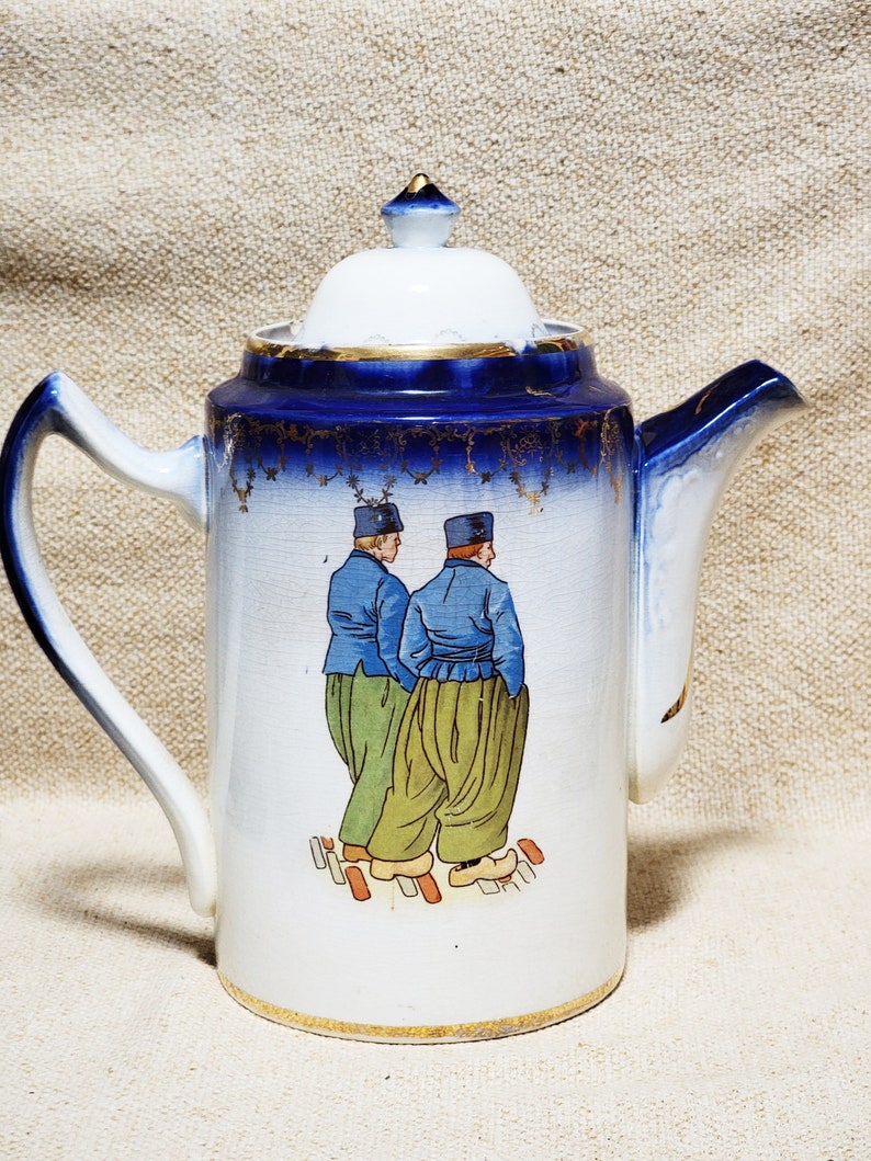 Huge Chocolate or Coffee Pot Server Durch Figures Farmhouse Decor Sterling China Early 1900's image 2