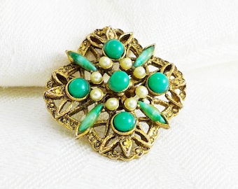 Gold Green Pearl Pin Brooch Edwardian Filigree Gift Present Her