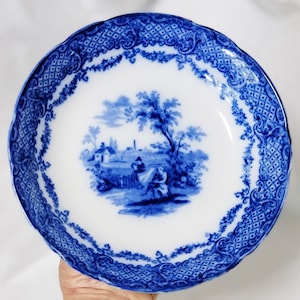 Flow Blue Bowl Ridgeway Humphrey's Clock Flat Soup Bowl England c. 1891 Transferware