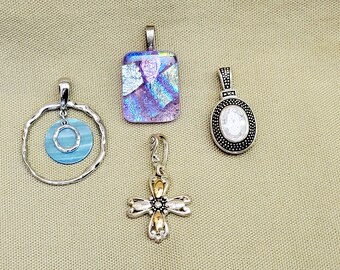 De-stash Pendants Silver with MOP Disc, Vibrant Dichroic Glass, Silver Gold Cross, Textured Silver Tone with a Large Faceted Rhinestone