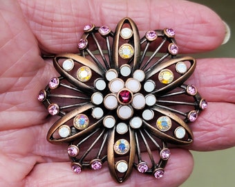 Flower Brooch Pin Faux Opals Copper AB Rhinestones Gorgeous Premier Designs