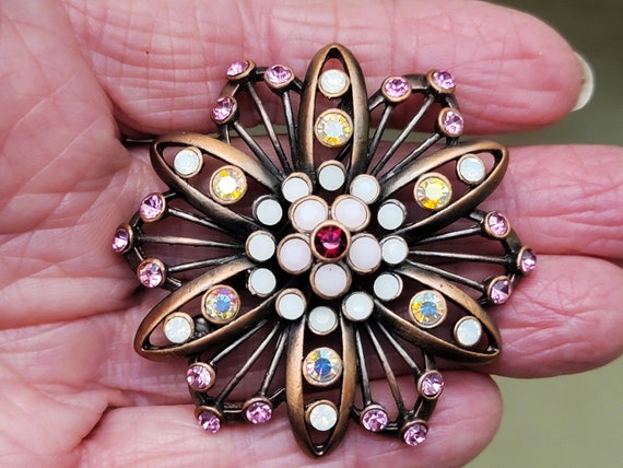 Flower Brooch Pin Faux Opals Copper AB Rhinestone… - image 1
