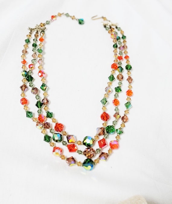 Multicolor Crystal Necklace 3 Strands AB Green Or… - image 6