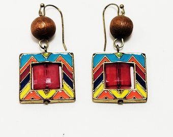 Multicolor Dangle Earrings Enamel Faceted Lucite Center Panel That Sparkles! Art Deco Ethnic