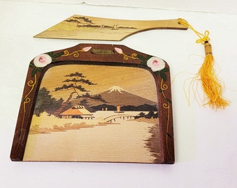 Beautiful Inlaid Wood Table Crumber Silent Butler Hand Painted Mt. Fuji Japanese Decor