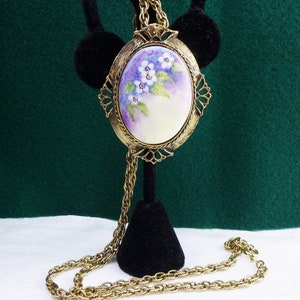 Pendant Necklace Brooch Porcelain Flowers Violets Lilac Purple Cream Green Gold