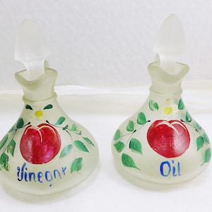 Vintage Oil Vinegar Cruets Satin Glass Hand Painted 1950&#39;s Kitchen Salad Dining Tableware