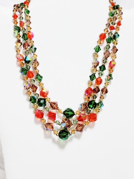 Multicolor Crystal Necklace 3 Strands AB Green Or… - image 5