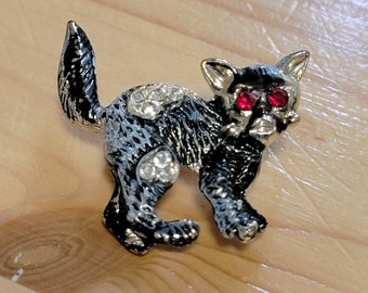 Adorable Cat Brooch Pin Rhinestone Enamel Silver Red Eyes Tail Up