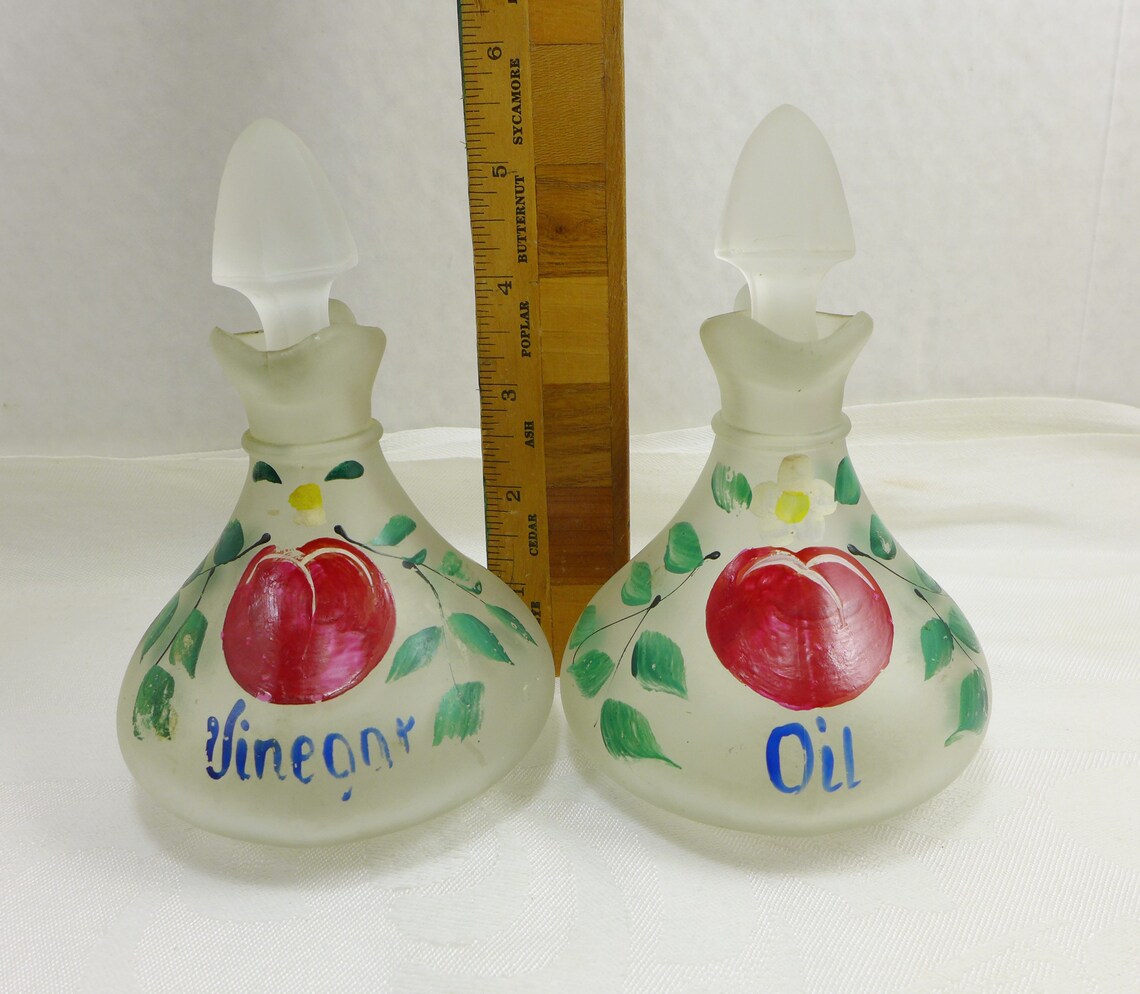 Vintage Oil Vinegar Cruets Satin Glass Hand Painted 1950's Etsy